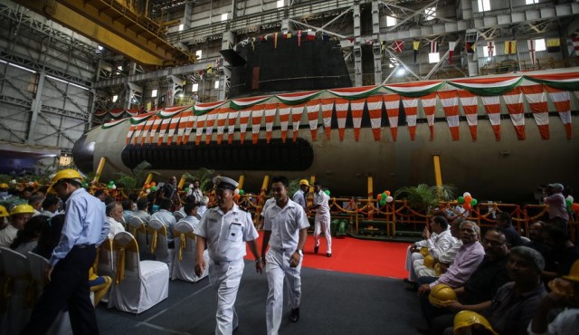 Undocking of Indian Navy's first Scorpene Submarine from Mazagon Dock Limited in Mumbai.