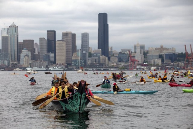 sHellNo Kayak Flotilla protest against Shell's drilling plans in the Arctic