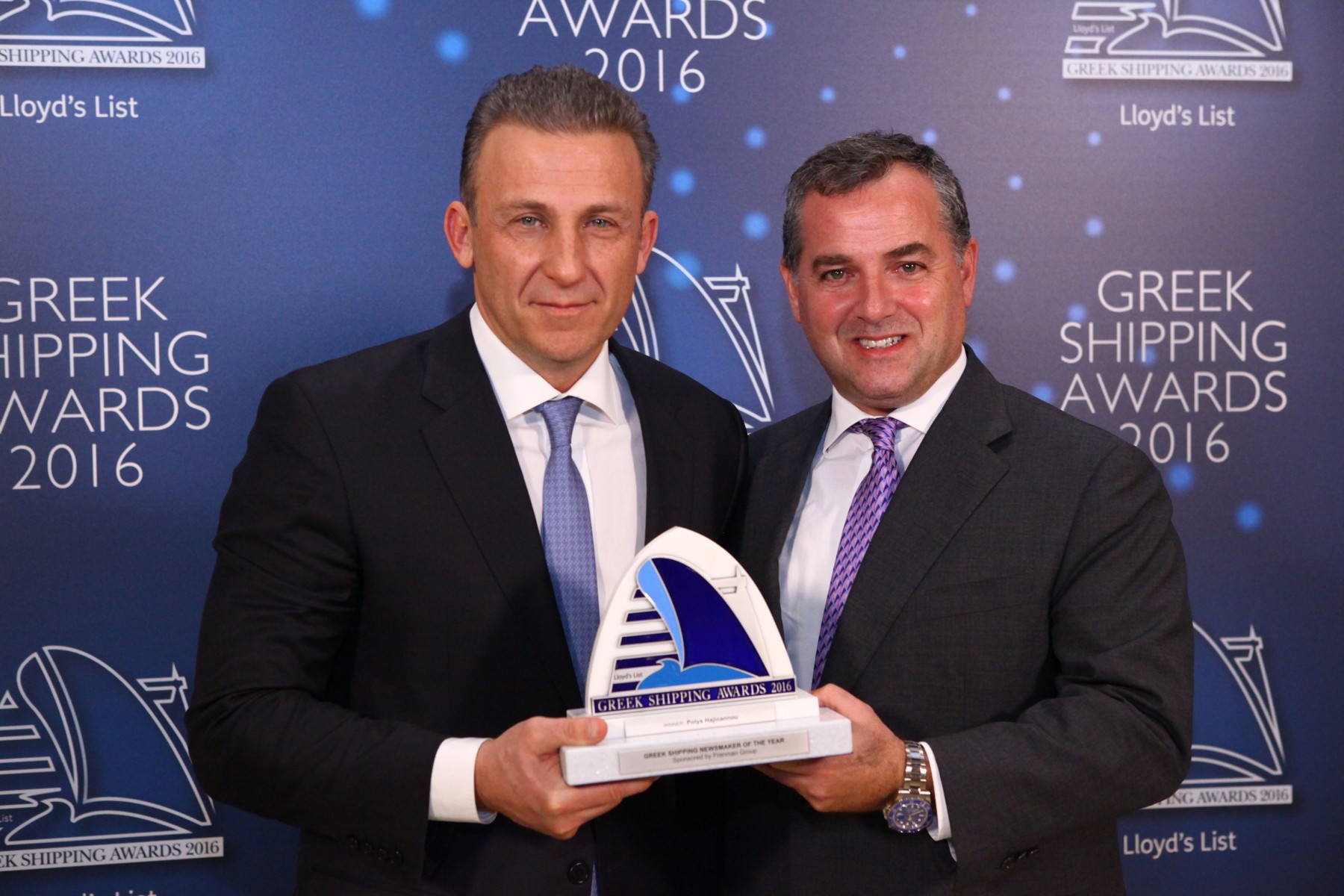 Mr. Costis J. Frangoulis of sponsor Franman Group presenting the Greek Shipping Newsmaker of the Year Award to Mr. Polys Hajioannou.