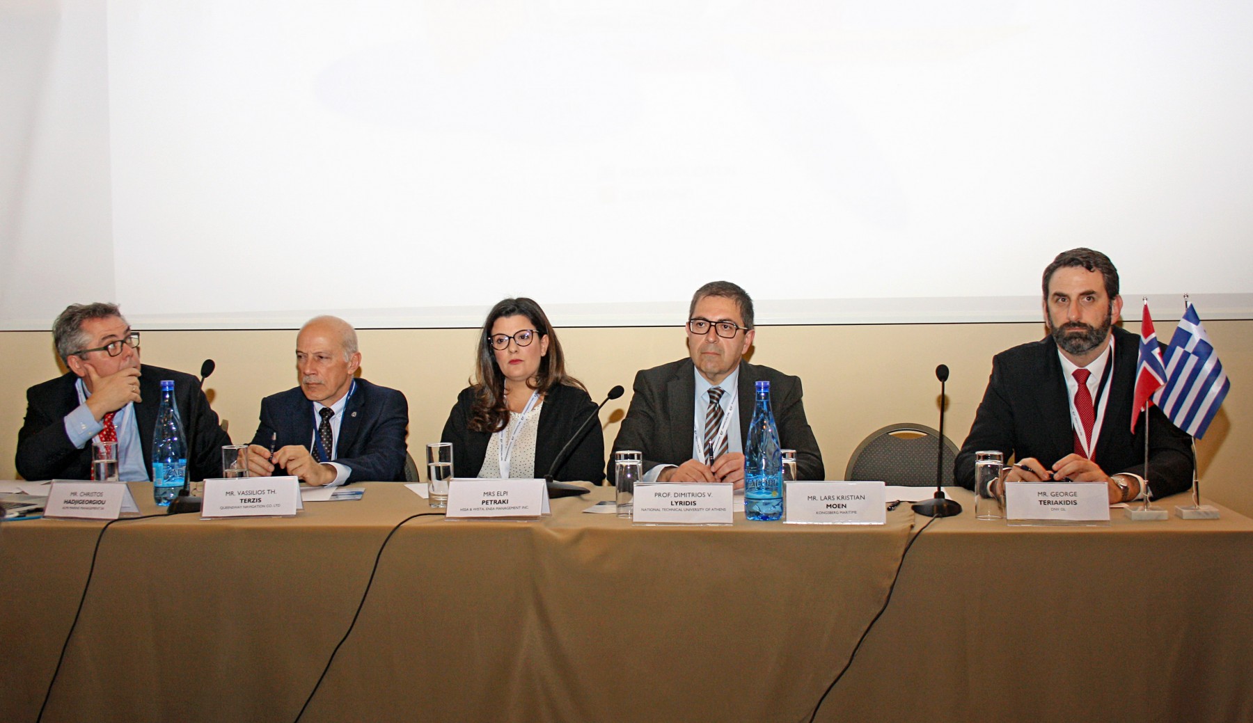 Snapshot of the 1st Panel, on the topic of “Technologies of the future: Electrification, LNG Fuel and Beyond.” (L-R): Mr. Christos Hadjigeorgiou, Managing Director, Almi Marine Management SA., Capt. Vassilis Terzis, Managing Director of Queensway Navigation Co. Ltd., Mrs. Elpi Petraki, Vice President of HSSA & WISTA and Enea Management Inc., Dr. Dimitrios V. Lyridis, Associate Professor at the School of Naval Architecture, National Technical University of Athens, Mr. George Teriakidis, Regional Business Development Manager, DNV GL